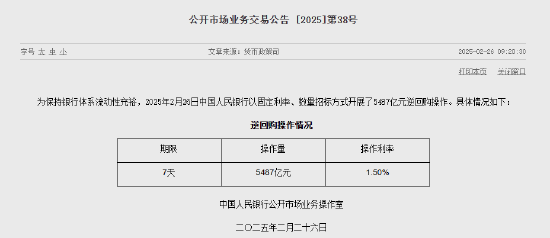 央行今日开展5487亿元7天期逆回购操作