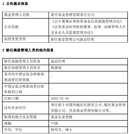 惠升基金新任钱睿南为副总经理 曾任职于兴业基金